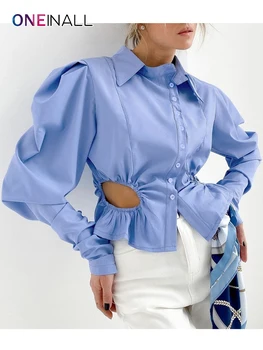 Kadınlar İçin Gömlek Kesip Uzun Kollu Kat Kadın Bluz 2022 Bahar Giyim Yeni Zayıflama ONEİNALL Rahat Katı Yaka Pileli 