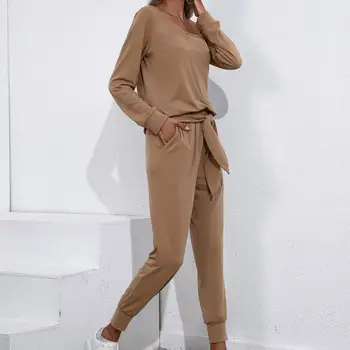 Sonbahar Pijama Setleri Kadın İnce Sapanlar Tam Pantolon Omuz Seti Slash Boyun Tam Kol Uzunluğu Düz Renk Kazak Takım Elbise Setleri