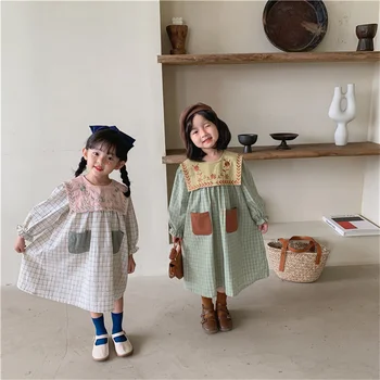 Çocuklar Kızlar İçin Elbiseler Uzun Kollu Kostüm Retro Tarzı Nakış Yaka yürümeye başlayan giysi Pamuk Kız Elbise Ekose Cep 1-7T