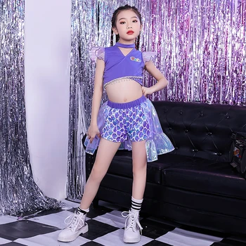 Yeni 2021 Çocuk Caz dans kostümü Kız Pullu Hip-Hop Takım Elbise Dans Podyum Gelgit Serin Performans Elbise Rave Kıyafetler