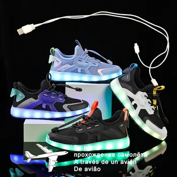 Boyutu 25-37 Çocuklar Led USB yeniden şarj edilebilir Parlayan ayakkabı çocuk Kanca Döngü Ayakkabı çocuk Parlayan Sneakers Çocuklar Led Işıklı Ayakkabı
