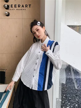 CHEERART Jakarlı Patchwork Beyaz Düğmeli Gömlek Kadınlar İçin 2022 Gömlek Sonbahar Moda Uzun Kollu Üst Yakalı Gömlek Bluz