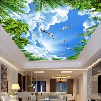Özel Larg Tavan 3D fotoğraf duvar Kağıdı hindistan Cevizi Mavi Gökyüzü Beyaz Bulut Martı salon Tavan обои Zenith Duvar 3d duvar kağıdı