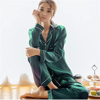 2 Adet Sahte İpek Saten Pijama Seti Sonbahar Kadın Pijama Uzun Kollu Gecelik Kadın Bayanlar Pijama