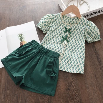 Melario Toddler Bebek Kız Çocuk yaz giysileri O-Boyun Çiçek Kolsuz Yüksek Bel Yeşil Üstleri Şort Kıyafet Setleri 2 ADET 2-6Y Takım Elbise