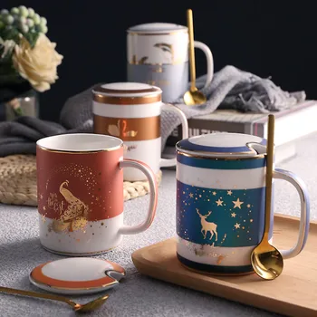 Iskandinav Seramik Kahve Kupalar kapaklı bardak Kaşık Çift Içme Suyu Süt Tazas De Cafe Çay Partisi Ev Drinkware Dekorasyon