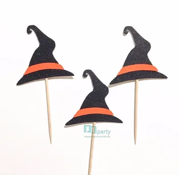 12 adet sihirbazı cadı şapkaları kek topper siyah glitter turuncu cadılar bayramı tema doğum günü bebek duş güz sonbahar parti