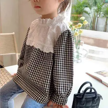 Cultiseed Bebek Kız Sevimli Vintage Ruffled Standı Yaka Patchwork Ekose Uzun Kollu Gömlek Tops Çocuk Çocuk Yeni Casual Bluzlar