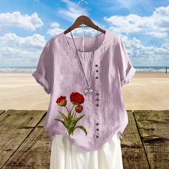 Sıcak Satış Yeni Gül Baskı Moda Kadın Yaz Rahat Keten Gömlek Yuvarlak Boyun T Shirt Kısa Kollu Üstleri Gevşek Üstleri XS-5XL