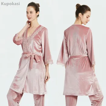 Kupokası 3 Parça Pijama Set Kadın Sonbahar Kış Kadife Sıcak Seksi Dantel Bayanlar Kıyafeti Kız Robe Uyku Pantolon
