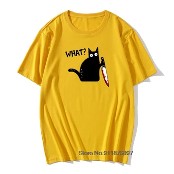 Çılgın Komik Kedi T Shirt NE SİYAH KEDİ HOLDİNG bıçak Çocuklar Tshirt Yaz Tee Gömlek Kısa Kollu %100 % Pamuk Vintage Erkek T-Shirt