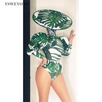 2021 Yeni Stil Yeşil Desen Uzun Kollu Smokin Bodysuit Kap Balo Bar Kadın Dansçı Şarkıcı Gösterisi Giyim Balo Parti Sahne Dans Kıyafeti
