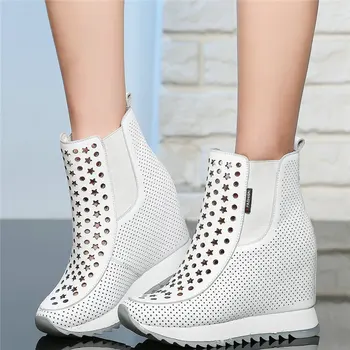 Yaz Takozlar rahat ayakkabılar Kadın Hakiki Deri Yüksek Topuk yarım çizmeler Kadın Yüksek Üst Yuvarlak Ayak Platformu Pompaları Moda Ayakkabı