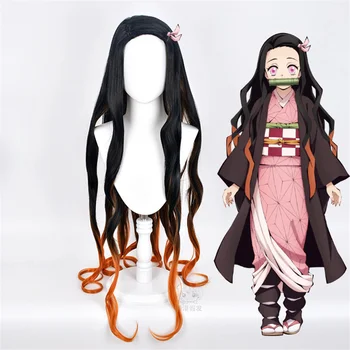 Anime iblis avcısı Kimetsu hiçbir Yaiba Nezuko Kamado Uzun Kıvırcık Peruk İsıya Dayanıklı Sentetik Saç Cosplay Kostüm Peruk