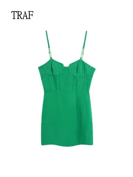TRAF Yeşil Kayma Elbise Kadınlar 2022 Moda Zincir Keten Mini Elbiseler Kadın Kapalı tek omuzlu elbise Yaz Zarif Kolsuz Elbiseler
