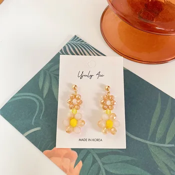 Kristal Çiçek Damla Küpe Akrilik Sarı Cam Boncuklu Kolye Dangler Kore Moda 2021 Kadın Takı Hediye Parti Arkadaş için