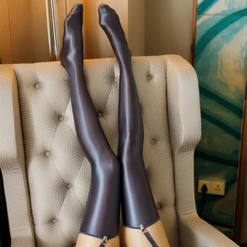 Saten Parlak İpeksi Çorap Retro Yağ Parlak Uyluk Yüksek Çorap Kadınlar Seksi Sıska diz üstü çorap