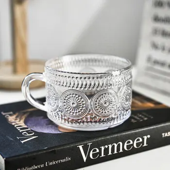 Ayçiçeği kabartmalı cam kulplu fincan fincan süt ofis yaratıcı kahve fincanı su bardağı