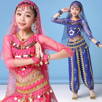 Çocuk Oryantal Dans Elbise Kız Çocuklar İçin Hint Bollywood Dans Elbise Oryantal Sahne Performansı Dans Giyim Yarım Kollu Üst