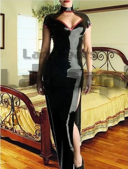 Seksi Kadın Siyah Lateks Elbise Kauçuk uzun elbise Vücut sarılma Bodysuit