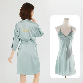 Yenilik Ev Giyim Samimi Iç Çamaşırı Kısa Pijama Yaz Yeni Gelin 2 ADET Düğün Kimono Bornoz Seti Saten Bornoz Elbisesi