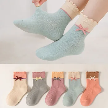 5 Çift / grup Çocuk Çorap Kız Elbise Sevimli Yaylar Yumuşak Pamuklu Çorap 1 İla 12 Yıl Bebek Çocuk Bahar Sonbahar