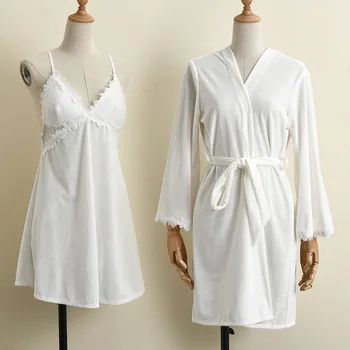 Sonbahar Beyaz Kadife Elbise Seti Kadın Dantel Kimono Kıyafeti Seksi V Yaka 2 ADET Pijama Kadife Uyku Seti Femme Nighty ve Elbise Seti