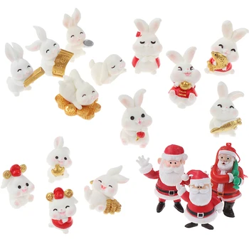Dollhouse Minyatür Maskot Tavşan Noel Baba Süs Yeni Yıl Bunny Mikro Peyzaj Ev Dekor Masası Hediye