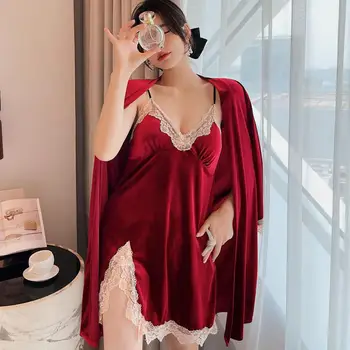 Dantel Kadife Pijama Seksi İki adet Bornoz Seti Kadın V Yaka Gecelik Kimono Bornoz Elbisesi Sonbahar Samimi İç Çamaşırı Kıyafeti