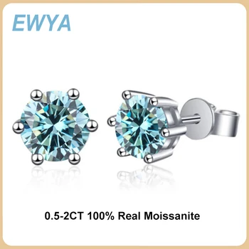 EWYA GRA Sertifikalı 1 2ct Yeşil Mavi Pembe Moissanite Saplama Küpe Kadınlar için 925 Ayar Gümüş Kulak Çıtçıt Küpe Güzel Takı