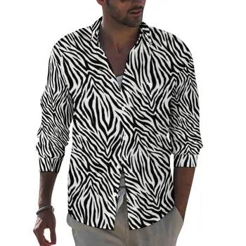 Zebra Çizgili Gömlek Sonbahar Hayvan Cilt Baskı Casual Gömlek Erkekler Retro Bluzlar Uzun Kollu Grafik Sokak Giyim Artı Boyutu
