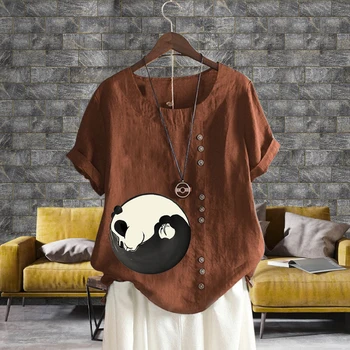 Yaz Yeni Moda Pamuk Keten Bluz Karikatür Panda Baskılı T Shirt Rahat Gevşek Düz Renk Kısa Kollu Üst XS-5XL