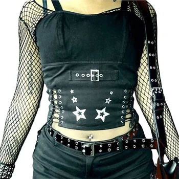 Gotik Punk Tarzı Tankı Üstleri Kadınlar için Yaz Yıldız Baskı Bandaj Kırpma Üstleri E-kız Peri Estetik Streetwear Clubwear