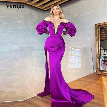Verngo Zarif Saten Mermaid Abiye Sparkly Boncuk Puf Uzun Kollu Yan Yarık Balo Abiye Dubai Kadın vestidos de noche