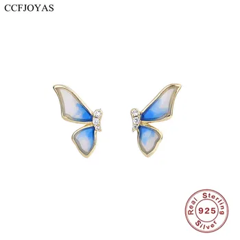 CCFJOYAS 925 Ayar Gümüş Emaye Degrade Mavi Kelebek Saplama Küpe Kadınlar için Basit INS Küçük Küpe moda takı
