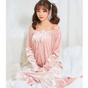 Sonbahar Yeni Pijama Bayan İç Çamaşırı Gecelik Uyku Pembe Kadife Ev Elbise bahar uzun kollu elbise Gece Elbisesi Seti pijama