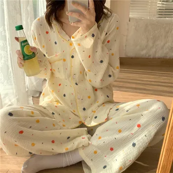 Baskılı Pamuklu Tek Göğüslü Gömlek + Pantolon Seti İki Parçalı Ev Takım Elbise Rahat Pijama Pijama Seti Cepler Ev Giysileri