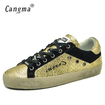 CANGMA Lüks Marka Tasarımcısı Vintage Rahat Ayakkabılar Patent Deri Bas Nefes Sneakers Altın Kadın Ayakkabı Kadın