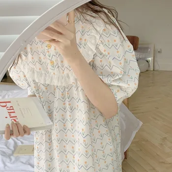 Kadın Ev Hizmeti Yaz Yeni Ürünler Çiçek Dantel pamuklu yuvarlak boyun Kısa kollu Pijama Gecelik Kadın pijama Kadın