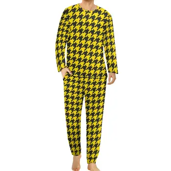 Sarı Siyah Balıksırtı Pijama Erkekler Vintage Baskı Zarif Kıyafeti Sonbahar Uzun Kollu 2 Parça Yatak Odası Grafik Pijama Setleri