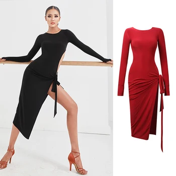 Latin Dans Elbise Kadın Seksi Dans Kostüm Hollow Uzun Kollu Siyah Kırmızı Rekabet Dresss Tango Giyim Uygulama Elbise DNV15465