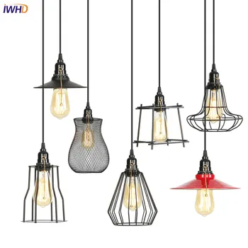 IWHD siyah demir LED kolye ışıkları Nordic Hanglamp Loft Bağbozumu kolye lamba anahtarı ıle Retro asılı lamba endüstriyel lamba