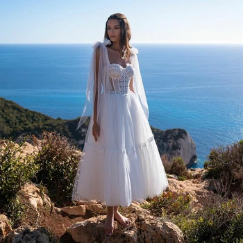 UZN Kısa A-Line BOHO Gelinlik Sevgiliye Dantel-Up Korse gelinlikler Plaj gelinlik Elbiseler de mariée