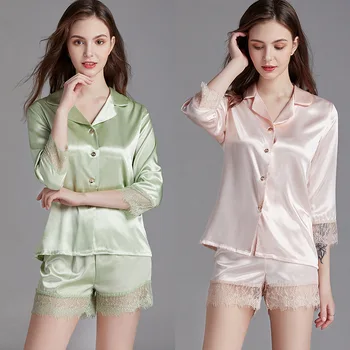 Marka Yeni Yaz Moda kadın Pijama Takım İpek Polyester V Yaka Dantel Gecelik Kadın Pijama Gömlek Şort