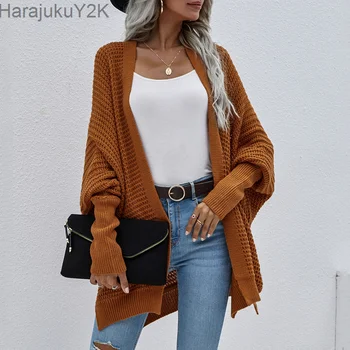 2021 Sonbahar Kış Moda Batwing Kollu Hırka Mont Kadın O Boyun Rahat Örme Ceketler Düz Renk Gevşek Tembel Kazak