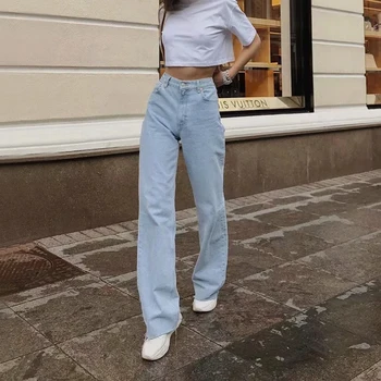 Kadınlar Yüksek Rise 'Rahat' Baba Kot Ham Hem Yüksek Belli Düz Kot Pantolon Pantolon S489