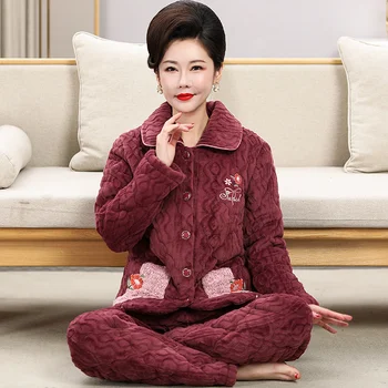 Kışlık pijama kadın uzun kollu pijama kalın pazen kapitone ceket kadın kış üç kat mercan kadife pijama