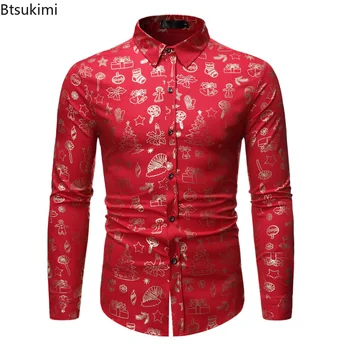 Elbise Gömlek Aşağı yeni 2022 Erkek Rahat Uzun Kollu Düğme Parlak Kırmızı Çiçek Baskı Noel Gömlek Erkekler İş Casual Gömlek Tops 