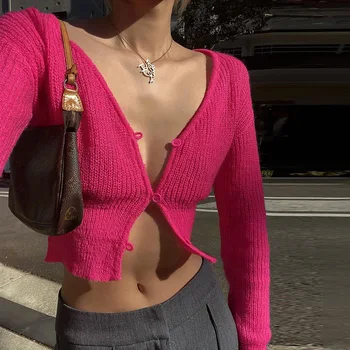 Tatlı V Boyun Uzun Kollu Mahsul Hırka Kadınlar İçin Bahar Sonbahar Streetwear Düz Renk İnce Tek Göğüslü Kısa Örgü Üst