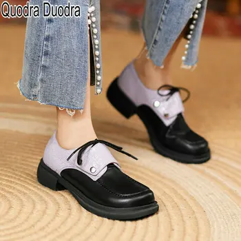 Deri yeni Kadın ayakkabı Pompaları Kalın Yüksek Topuklu Tıknaz katı dantel-up Loafer'lar rahat Bayan Yuvarlak Ayak moda sonbahar Büyük Boy 34 39